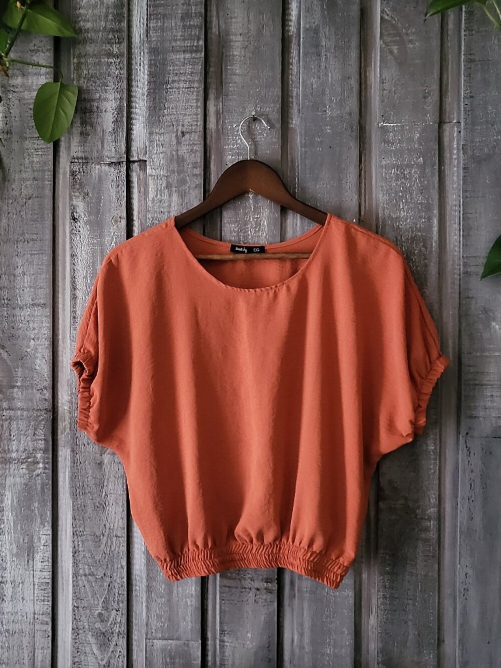 Burnt Orange Cropped Blouse Elastic Waist Top XL